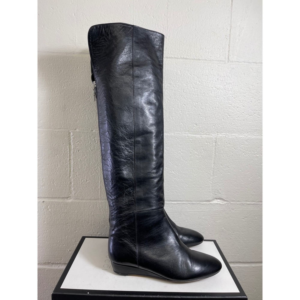 Loeffler Randall Black Leather Tall Heel Boots Low Wedge Zip Side Women's 6 B